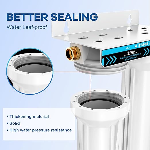 RV Dual Water Filter System, 4-Layer 2 Stage RV Water Filtration System, Removes Sediments,Chlorine,Heavy Metals, Odors, Water Filter for RV, Campers, 3/4'' Lead-Free Hose Quick Connectors