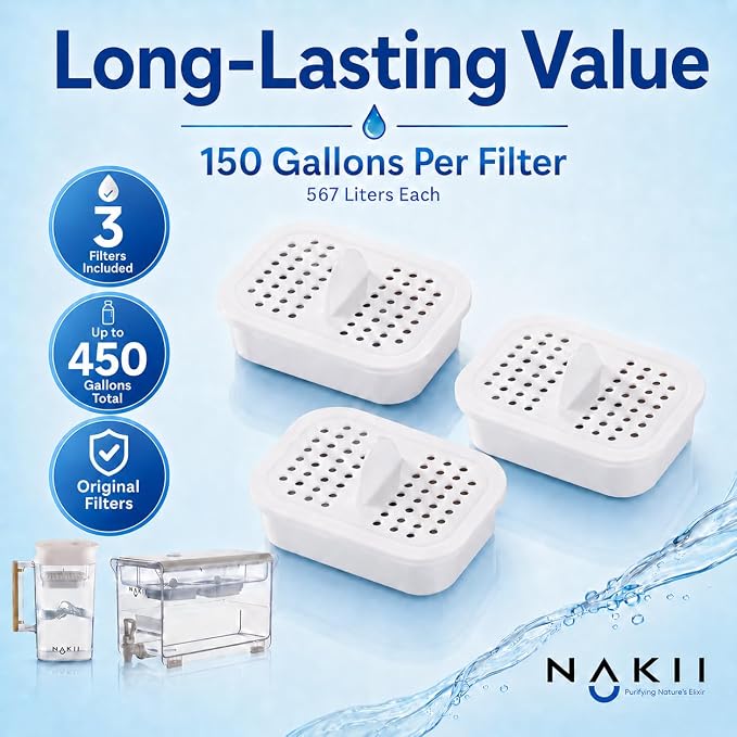 Nakii Genuine Original NFP-100 Replacement Water Filters, Official Nakii Pitcher Filter Refills, 3 Pack, WQA Certified, NSF Grade, 150-Gallon Long Life Filters, Reduces Chlorine, Mercury, Rust & More