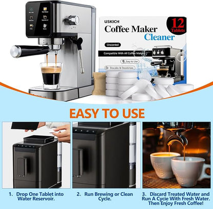Coffee Machine Cleaner Descaler Tablets 12 Pack, Coffee Maker Cleaner for Keurig, Ninja, Breville, Delonghi, Nespresso, Miele,Espresso Machine Cleaning Tabs,Descaling Solution for Coffee Pot Maker