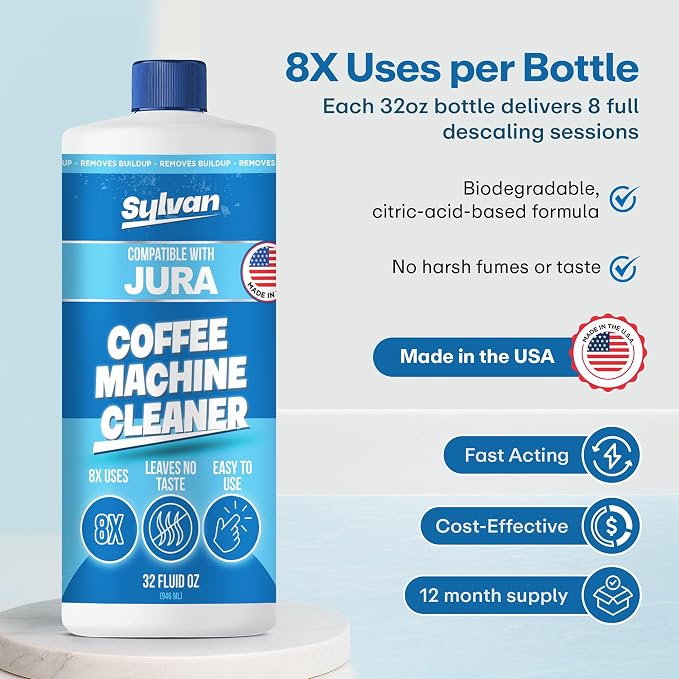 Jura Compatible Descaling Solution | Free Cleaning Cloth | 12 Month Supply | Made in the USA | Descaler for all Jura Machines | 32 Oz | Coffee Machine Cleaner for Coffee Makers | Descales and Cleans