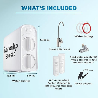 Ivation H2O 800 GPD, Reverse Osmosis Under Sink, Tankless Water Purifier, Home Kitchen Drinking Water Filtration TDS System with 8-Stage Filter NSF/ANSI 42, 58 & 372 Certified, Smart LED Faucet