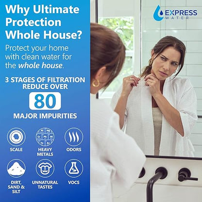 Express Water 3-Stage Whole House Water Filter System, Reduces Scale, Heavy Metals, PFAs, Lead, Arsenic, Chlorine & Chloramine, Includes Free-Standing Stainless Steel Frame & 3 Pressure Gauges