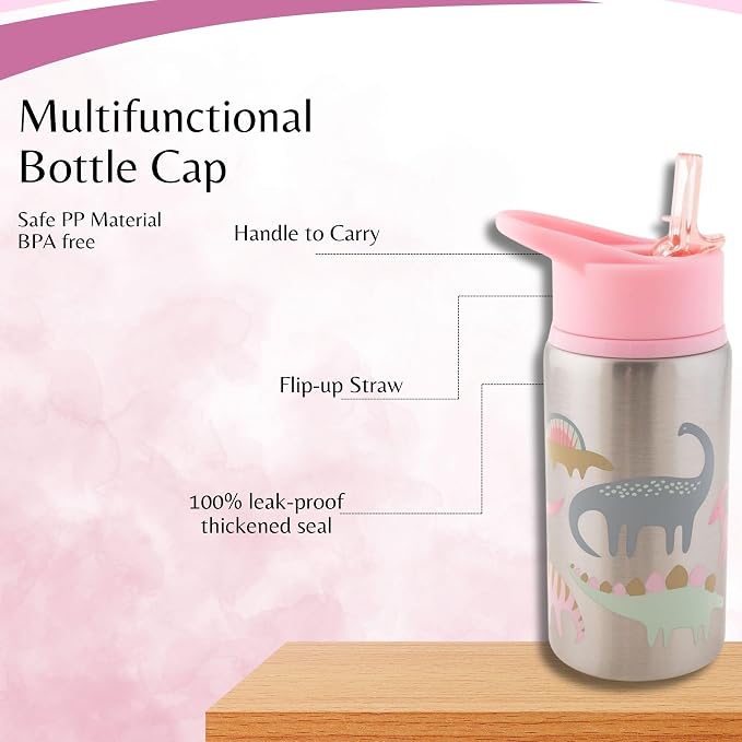 Stephen Joseph STAINLESS STEEL WATER BOTTLES PINK DINO, 18 Oz