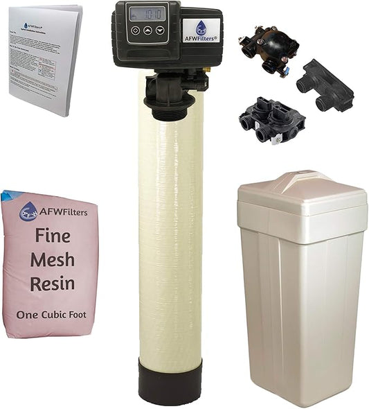 AFWFilters 1 Cubic Foot (32k) Whole Home Iron Pro Water Softener with Fine Mesh Resin, 3/4" Plastic MNPT Connection, and Almond Tanks