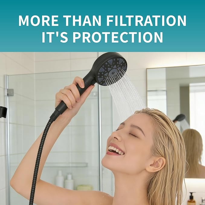 Black High Pressure Handheld Filtered Shower Head, 7 Spray Settings with Water Saving Pause Mode, for Hard Water Remove Chlorine Relieve Dry Skin, Universal Replaceable Filter