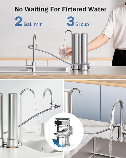 Frizzlife DS99 Countertop Water Filter System, NSF 42&372 Certified 8-Stage Stainless Steel Water Filter for Sink Faucet, 0.5 Micron Filter Reduces 99.99% Lead, Chlorine, Heavy Metals, Bad Taste&Odor