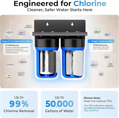 iSpring WGB21B 2-Stage Whole House Water Filtration System, with 10" x 4.5" Sediment CTO(Chlorine, Taste, and Odor) Filter, 1" Inlet/Outlet