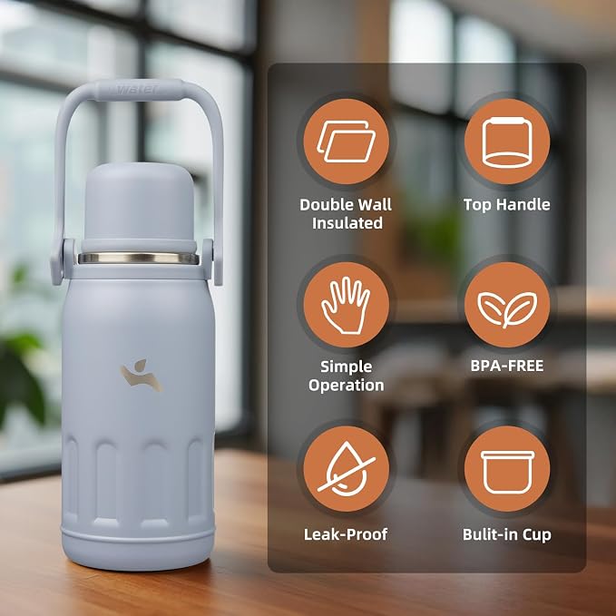 Konokyo Insulated Water Bottle with Handle and Strap,Vacuum Travel Tumbler with Cup Lid,Thermo Coffee Cup for Hot Cold Drinks 27 OZ,Blue Haze