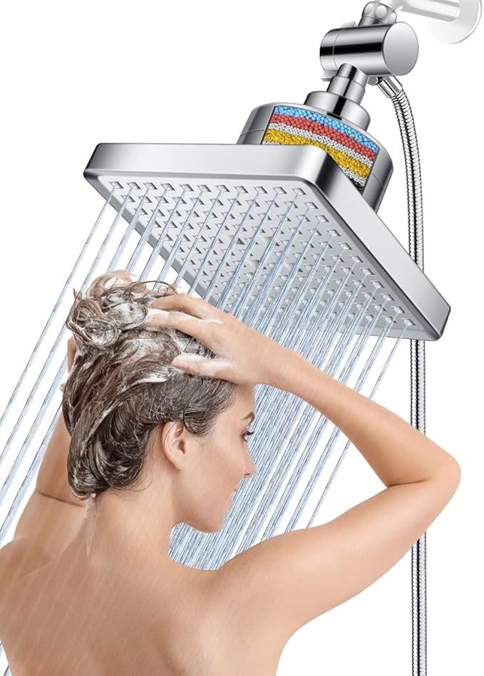 Dual Filtered Rain Shower Head Combo, High Pressure 10 Modes Handheld Shower Head Built in Water Filtration, 6 inch Rainfall Shower Head with Filter for Hard Water, Black