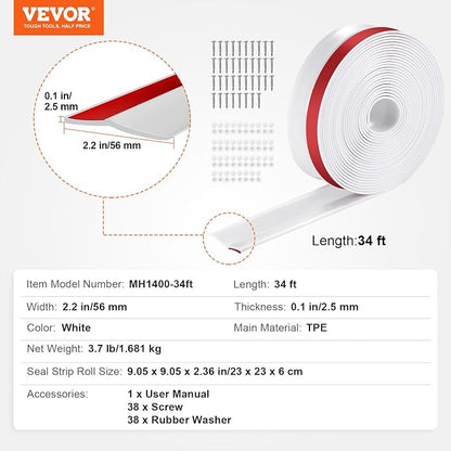 VEVOR Garage Door Seal Top and Sides Seal Strip, 34 FT Universal Weather Stripping Replacement Soft and Hard Composite, Weatherproofing Garage Door TPE Seals with Adhesive Backed and Screws, White