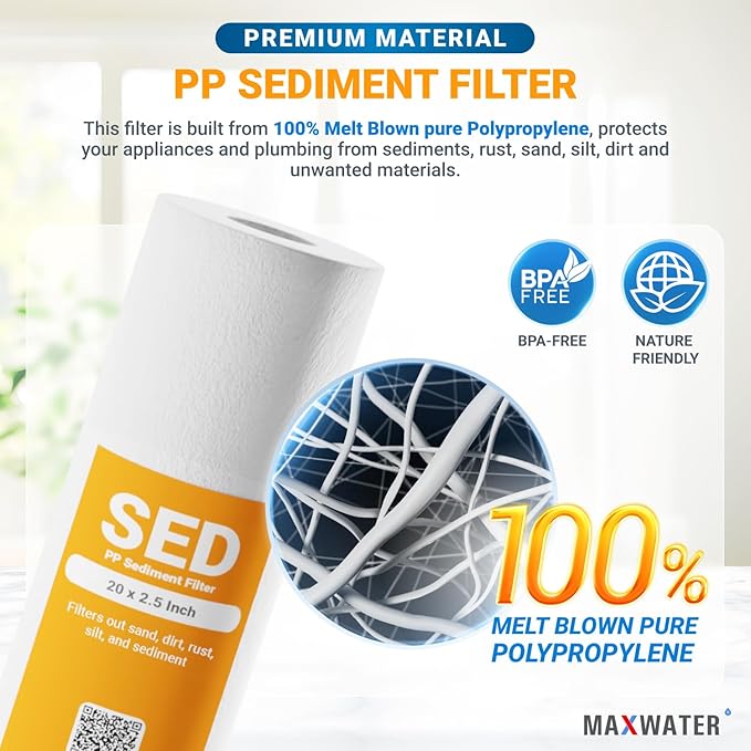 Max Water 1 Micron 20 x 2.5 Whole House Sediment Water Filter Melt-Blown Polypropylene Replacement Cartridge SDC-25-2001 P1-20 155304-43, 25 - Pack