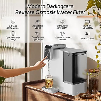 Reverse Osmosis Water Filter Countertop : 6-Stage Reverse Osmosis System with UV TDS Monitor 3:1 Pure to Drain Darlingcare Water Purifier for Kitchen Office Home (Ivory White)