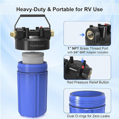 PHB10 RV Water Filter System, 0.2 Micron 2-in-1 Inline Water Filter, Reduces Sediment, Chlorine, VOCs, Bad Taste & Odor, 3/4" GHT Adapter, for RV, Camper, Travel Trailer, Boat & Outdoor Use