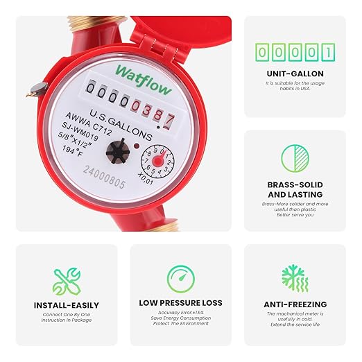 Watflow DN15 Water Meter 1/2" NPT, AWWA C712 Certification Gallon Water Flow Meter, Cold and Hot Water Meter for Garden/Home/Apartment, Horizontal Install.