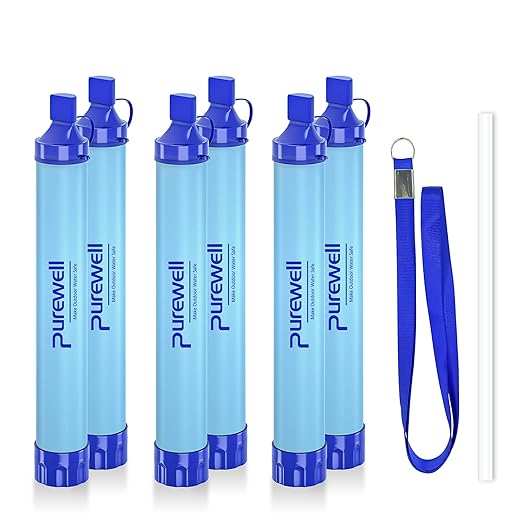 Purewell Outdoor Water Personal Water Filtration Straw Emergency Survival Gear Water Purifier for Camping Hiking Climbing Backpacking(6PCS)