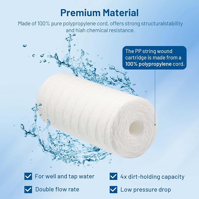 20 Micron 10" x 4.5" Whole House String Wound Water Filter Cartridge 3 Pack | Sediment Well Water Filter Replacement for CW25-BBS, SWC-45-1020, WP25BB97P, RS24, SP-WP25-BB, WH-HD200-C