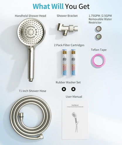 Filtered Shower Head with Handheld, 10 Spray Mode High Pressure Shower Head with Filters, Shower Filter Head for Hard Water, Powerful Spray for Cleaning, 2 Replaceable Filters Included, Brushed