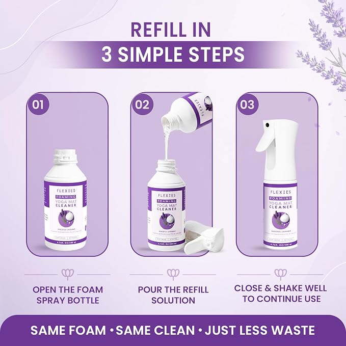 Flexies Foaming Yoga Mat Cleaner Refill Pack | Plant-Based Foaming Spray | Deep Cleans Yoga and Pilates Mats, 6.76 fl oz, Lavender