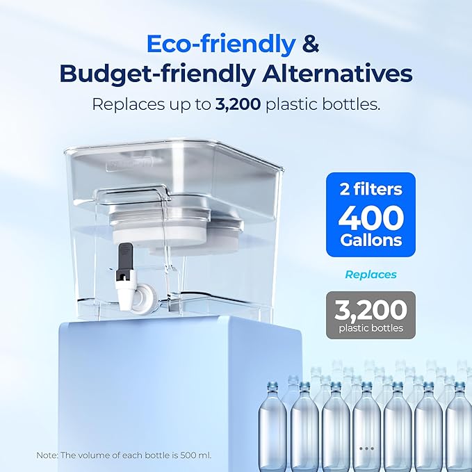 Waterdrop WFD-22L-DF Water Filter Dispenser, 40-Cup Water Purifier, 2 Built-in Filters, 8X Faster Filtration, 400-Gallon Lifespan, 10X Longer Lifetime, Reduces Chlorine, PFOA/PFOS, White