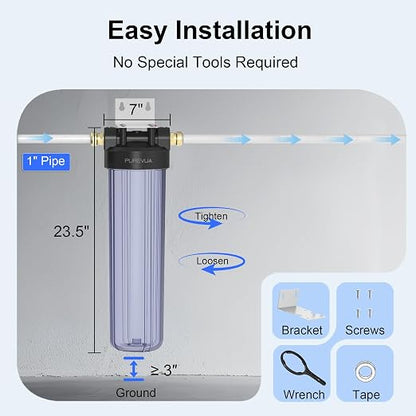 PWT20 Whole House Water Filter Housing, Fits 20” x 4.5” Big Blue Filters, Inline Pre-Filtration System for RV, Home Well and City Water Sediment etc with 1" NPT Port, Pressure Relief Valve