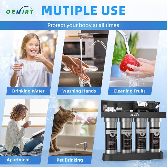 Alkaline UV Reverse Osmosis System Stainless Steel 500 GPD Tankless RO Water Filter 8 Stage Remineralization Under Sink Water Filtration with Faucet 2:1 Pure to Drain