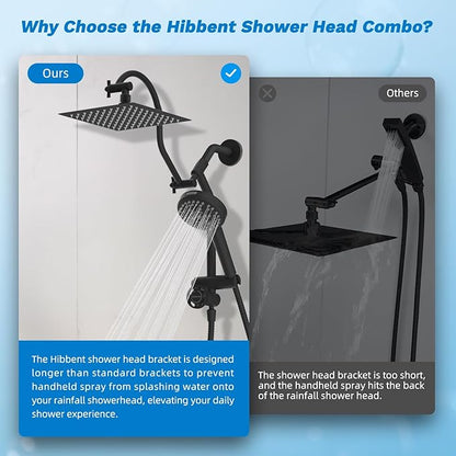 Hibbent cUPC Certified All Metal 8" Rainfall Showerhead Combo, High Pressure Shower Head with 10-Spray Handheld, Innovative 4-way Diverter with Pause Mode, 71'' Shower Hose & Holder, Matte Black