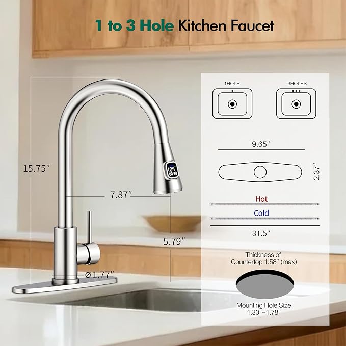 HOMELODY LED Temperature Display Kitchen Faucet with Pull Down Sprayer - Brushed Nickel Single Handle Kitchen Sink Faucet, High Arc Stainless Steel Design for RV Laundry Farmhouse Bar