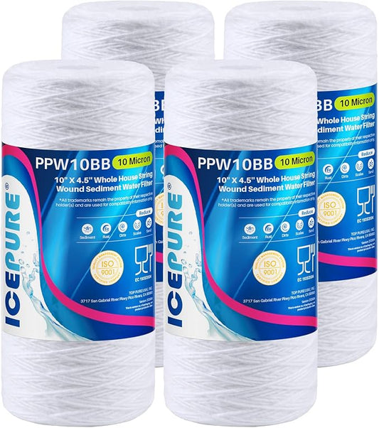 ICEPURE 10 Micron 10”*4.5'' Whole House Sediment String Wound Water Filter Replacement filter for 84637, WPX5BB97P, PC10, 355214-45, 355215-45, WP10BB97P, WP5BB97P, 4 PACK