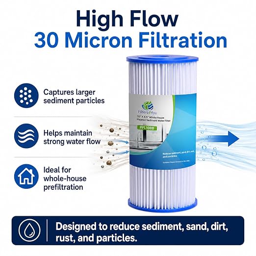 CFS Pleated Sediment Filters for HDX4PF4, 10 x 4.5 in, 30 Micron, 2 Pack | Washable pleats trap sand, silt & rust; also fits ECP20-BB, R30-BB, W15-PR & other Big Blue 10 x 4.5 in housings