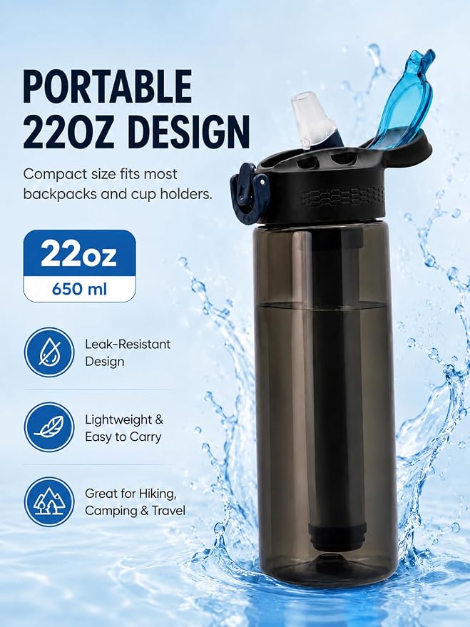 22oz Water Filter Bottle, Portable Outdoor Filtered Water Bottle with Multi-Layer Filtration, Improves Taste & Reduces Odor, BPA-Free Reusable Bottle for Hiking, Camping & Travel (Black)