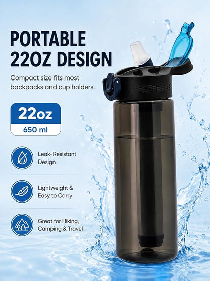 22oz Water Filter Bottle, Portable Outdoor Filtered Water Bottle with Multi-Layer Filtration, Improves Taste & Reduces Odor, BPA-Free Reusable Bottle for Hiking, Camping & Travel (Black)