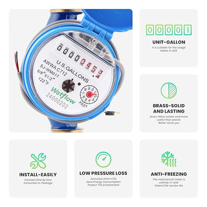 Watflow DN15 Water Meter 1/2" NPT, AWWA C712 Certification Gallon Water Flow Meter with Pulse Output, Cold Water Meter for Garden/Home/Apartment, Horizontal Install.