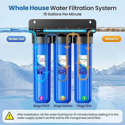 Whole House Water Filter System, 3-Stage Iron & Manganese Removal 20"x4.5" Filter, with Sediment Filter, Reduces Iron, Manganese, Chlorine, Odor, Sediment,1" NPT, 120,000 Gal Capacity