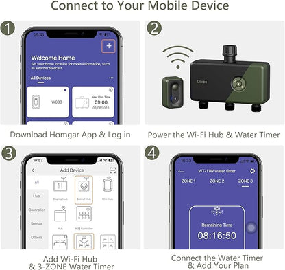 Diivoo WiFi Sprinkler Timer 3 Zone, Smart Water Hose Timer Compatible with Alexa and Google, Remote Control Irrigation, Automatic Manual Watering, Rain Delay, for Garden, Yards and Lawns (2.4Ghz Only)