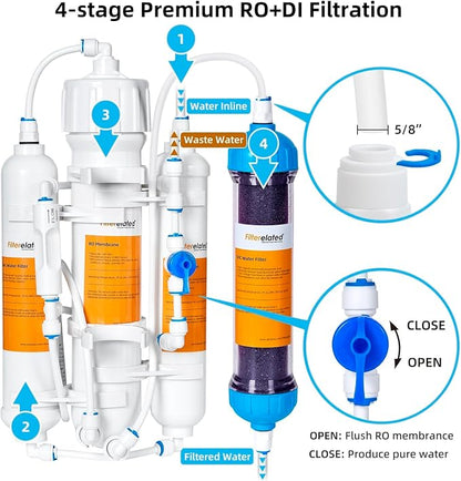 4-Stage Aquarium Reverse Osmosis System with Flushing Valve Portable RO+DI deionized Water Filtration,Colour Changing DI Filter,100 GPD-TDS Close to 0 ppm