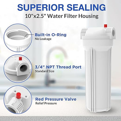 SimPure Whole House Water Filter Housing, Inline Water Filter for Home, Universal 10 inch Sediment Filter with 3/4 NPT Inlet and Outlet, Heavy Duty Steel Bracket, 4 Screws, Wrench