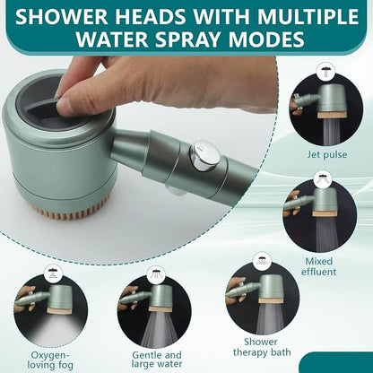 2026Version Turbocharged High Pressure Filtered Shower Head with Handheld & Outlet Soft Brush - 6 Spray Modes, 5-Stage Filtration System, 59" Hose - Chlorine & Hard Water Filter (8 filter cartridges)