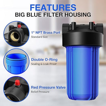 SimPure Whole House Water Filter Housing (DB10P), 10" x 4.5" Sediment Carbon Filter Universal Housing, Pre-Filtration System for Well and City Water, 1" NPT Port, Pressure Release