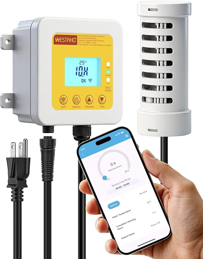 WiFi Salt Chlorine Generator, Westaho Hot Tub Salt Water Conversion Kit with USA Titanium Salt Cell, APP Monitoring & Real-Time Salt Alerts, for Swim Spas Up to 2,200 Gallons