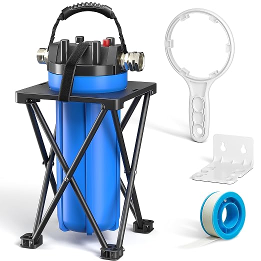 4-Layer RV Water Filter with Stand and 7,000 Gallons Capacity, 3/4" GHT Metal Threads Inline Water Filter, Removes Sediments, Chlorine, PFAS, PFOS, VOCs, Heavy Metals, Bad Taste, Odor