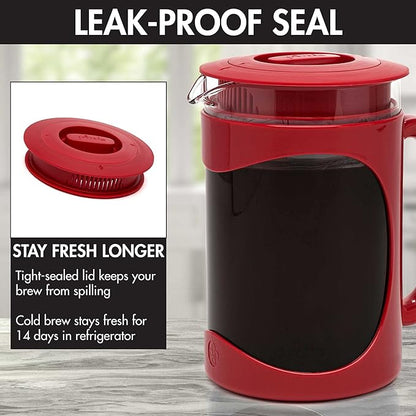 Primula Burke Deluxe Cold Brew Iced Coffee Maker, Comfort Grip Handle, Durable Glass Carafe, Removable Mesh Filter, Perfect 6 Cup Size, Dishwasher Safe, 1.6 qt, Red