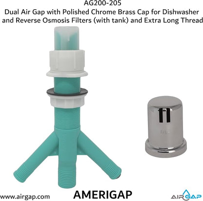 Dual Air Gap with Polished Chrome Brass Cap for Dishwasher and Reverse Osmosis Filters (with tank) and Extra Long Thread (AG200-205, AG200-X05, AMERIGAP)