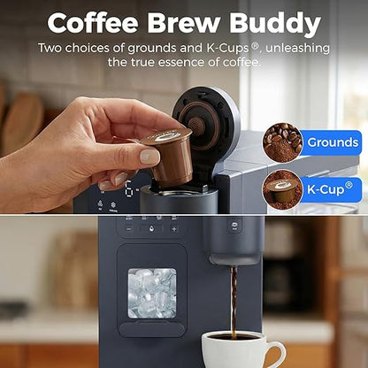3-in-1 Water Dispenser with Ice Maker - Coffee Maker Countertop Bullet Ice Maker with 12H Timer, Hot/Cold/Warm Adjustable Volume Water, K-Cup® Ground Coffee Brewer for Home Office Studio Gift