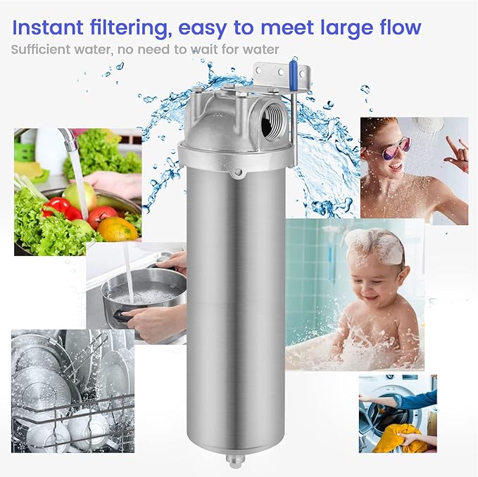 Amwater NSF/ANSI 42 Stainless Steel Whole House Water Filter Housing, 10" x 2.5" Sediment Water Filter System for Heavy Duty, Well & City Water, 1" NPT Port, Drain Valve Style C(Square Head)