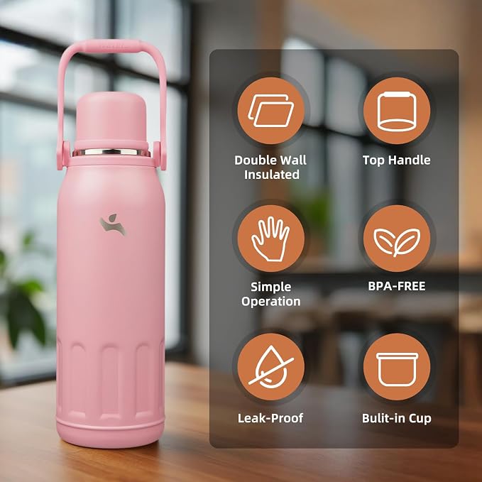 Konokyo Insulated Water Bottle with Handle and Strap,Vacuum Travel Tumbler with Cup Lid,Thermo Coffee Cup for Hot Cold Drinks 50 OZ,Pink