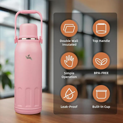 Konokyo Insulated Water Bottle with Handle and Strap,Vacuum Travel Tumbler with Cup Lid,Thermo Coffee Cup for Hot Cold Drinks 50 OZ,Pink