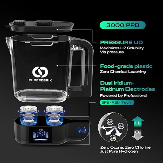 PUREPEBRIX Desktop Hydrogen Water Pitcher - 72oz Large Hydrogen Water Bottle Generator - 3000 PPB SPE/PEM Machine - 9000mAh - Ideal Wellness Gift for Family & Home (Black)
