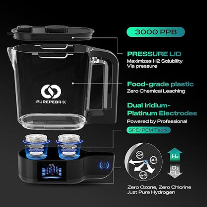 PUREPEBRIX Desktop Hydrogen Water Pitcher - 72oz Large Hydrogen Water Bottle Generator - 3000 PPB SPE/PEM Machine - 9000mAh - Ideal Wellness Gift for Family & Home (Black)