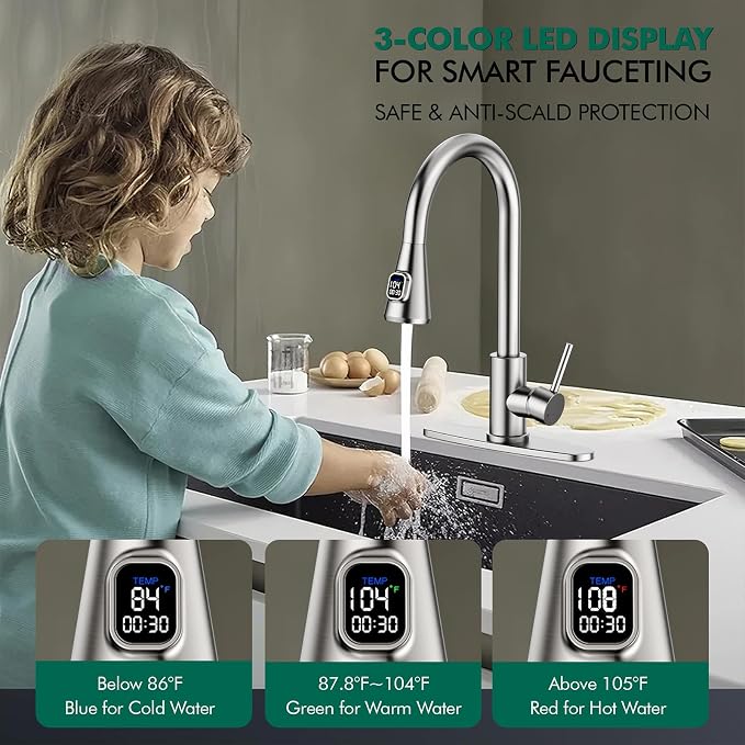 HOMELODY Upgraded Filter Water Kitchen Faucet with Pull Down Sprayer - LED Temperature Display Kitchen Faucets 1 Or 3 Hole Kitchen Sink Faucet for Remove Lead, Chlorine, Bad Taste & Odor