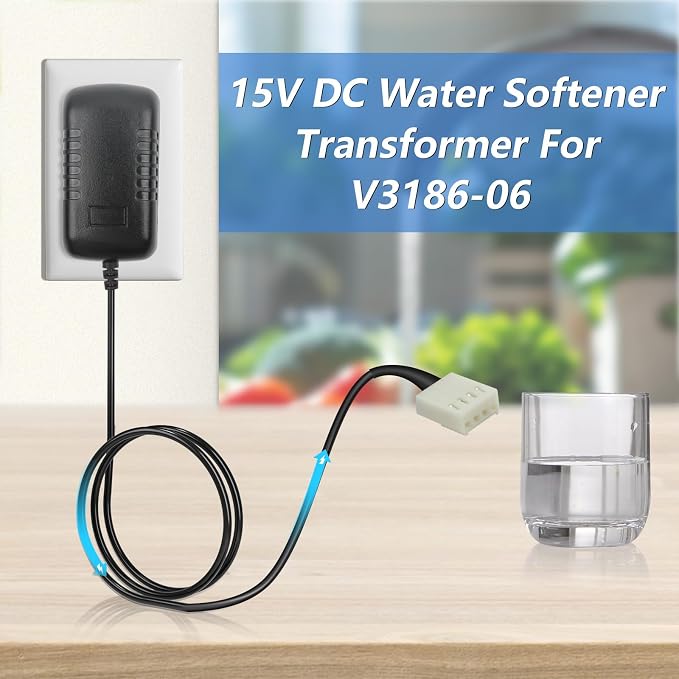 for Soft Water Supply Clack Part V3186-06, 15V DC Water Softener Transformer for Manufactured 2017 or Later Power Cord